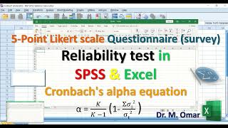 5 Point Likert scale Questionnaire survey Reliability test in SPSS amp Excel Cronbachs alpha equation [upl. by Adiari]