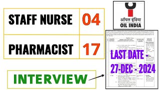 OIL INDIA STAFF NURSE VACANCY 2024  BSC GNM।  OIL INDIA PHARMACIST VACANCY 2024  नर्स भर्ती 2024 [upl. by Borszcz]