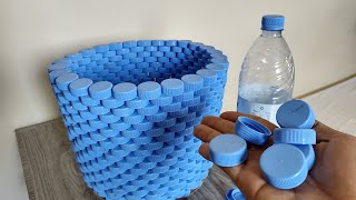 LAUNDRY BASKET FROM PLASTIC BOTTLE CAP  Very Easy DIY Plastic Recycle Ideas  Arts amp Crafts [upl. by Millur240]