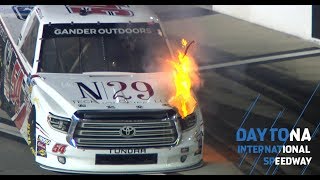 Deckers truck catches fire coming down pit road [upl. by Ardnnek509]