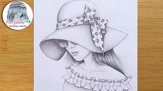 A girl wearing Sun Hat and Sunglass  Step by step Pencil Sketch for beginners  How to draw a girl [upl. by Atirres]