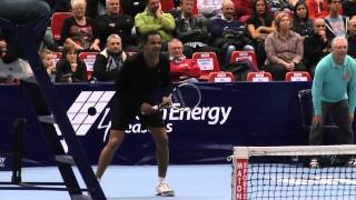 Yannick Noah Henri Leconte Guy Forget amp Mansour Bahrami playing tennis Belgium Nov 2012 Part 1 [upl. by Eicram]