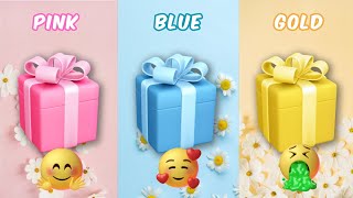 Choose your gift 🤩💝🤮 3 gift box challenge Pink Blue Gold pickonekickone giftboxchallenge gift [upl. by Wohlen]