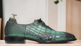 Men Handmade Alligator Print Sea Green Leather Shoes [upl. by Nlocnil]