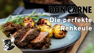 Die perfekte Rehkeule vom Gasgrill  mit Pilzpfanne und RosmarinKartoffeln  Rezept  DON CARNE [upl. by Ahseim431]