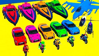 GTA V Mega Ramp Boats Cars Motorcycle with Trevor and Friends New Stunt Map Challenge [upl. by Ynna]