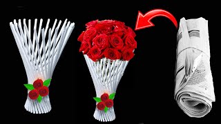 Beautiful paper flower vase making idea at home  Paper Rose Bouquet  Handmade Flower bouquet [upl. by Nedyarb328]