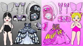 💸Papel DIY🐼 Pink And Black Butterfly Mother And Daughter Dresses  Muñecas De Papel [upl. by Asek89]