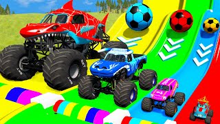 LONG CAR vs Funny Car vs Big amp Small Monster Truck with Slide Color vs Train Thomas  BeamNGDrive [upl. by Aettam]