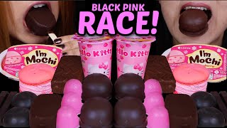 ASMR BLACK PINK DESSERT RACE DOVE ICE CREAM MOCHI ICE CREAM HELLO KITTY DESSERT CUPS KITKATS 먹방 [upl. by Ialohcin774]