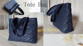 How to make a Black Denim Tote Bag with zipper and pockets Tote Bag sewing tutorial Shoulder bag [upl. by Bazluke]