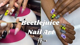 Freestyle Beetlejuice Nail Art Creative Halloween Tutorial [upl. by Zinck]