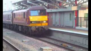 The Caledonian Sleeper with Class 90 90018 at Rugby [upl. by Ahsiekan]