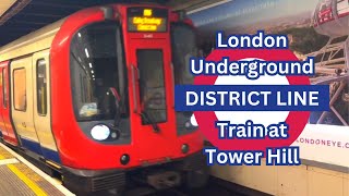 London Underground district line train arriving at Tower Hill station [upl. by Paddy104]