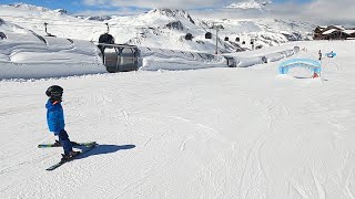 5yr old skiing FUN slope VAL KIDS with OBSTACLES  Val Disere ski resort trip  Apr 2023 [upl. by Fransisco498]