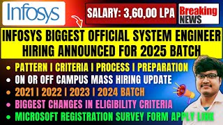 Finally Infosys Biggest System Engineer Hiring Announced 2025  OFFON Campus Hiring 20252021 Batch [upl. by Ellenet]