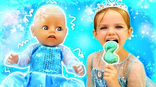 Princess party at Elsas princess doll castle for baby dolls Baby Annabell doll amp Kids fun videos [upl. by Brogle592]