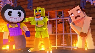 BENDY LOCKS THE NEIGHBOUR AND FREDDY FNAF IN HIS BASEMENT  Minecraft Versus Sharky and Scuba Steve [upl. by Marutani]