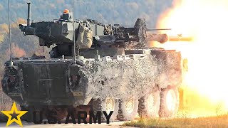 US Army Firepower Stryker M1128 MGS armored vehicle with tank gun in action [upl. by Debbee363]