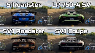 Lamborghini Aventador Fight S Roadster vs LP 7504 SV vs SVJ Roadster vs SVJ Coupe  NFS Unbound [upl. by Anyrtak11]