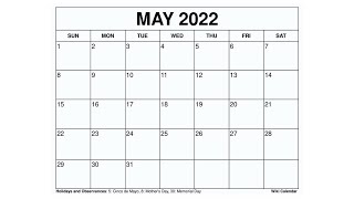 Printable May 2022 Calendar Templates with Holidays  Wiki Calendar [upl. by Rebel]