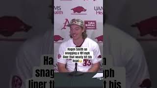 Arkansas LHP Hagen Smith on snagging a 101 mph liner that nearly hit his head [upl. by Nalniuq]