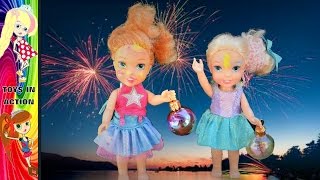 Barbie Party Anna and Elsa Toddlers New Years Eve Countdown  Dance Disney TV Toys In Action [upl. by Llyrehc]