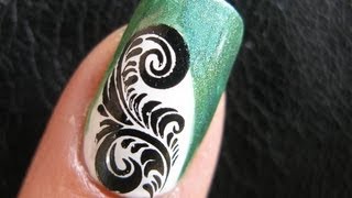 Konad Stamping Nail Art Tutorial Jade Feather Nail Design Easy Simple for Long Nails Image Plate A48 [upl. by Sisxela]