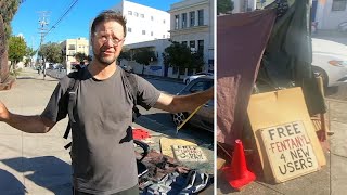 Convicted child molester sets up camp across San Francisco school with free fentanyl sign [upl. by Nerrej]