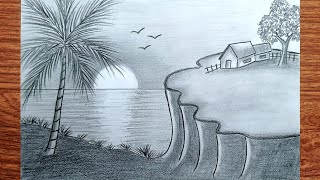 how to draw sunset scenery  sunset landscape drawing with pencil sketch step by step [upl. by Nosaj]