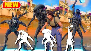 Fortnite Alien Xenomorph and Ellen Ripley Skins doing All BuiltIn Dances and Emotes Xeno Menace [upl. by Ellerey433]