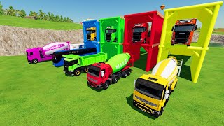 TRANSPORTING COLORED CONCRETE MIXER TRUCKDUMP TRUCKBUSCARGO TRAILER TO GARAGE WITH SCANIA TRUCKS [upl. by Nnaillek]