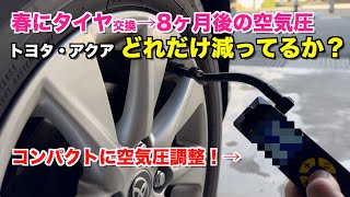 【タイヤ空気圧検証】8ヶ月後のタイヤ空気圧…こんなに減るの！？簡単調整で安全確保！＆低燃費にも！ トヨタ アクア [upl. by Forta]