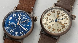 極罕見浪琴Longines Avigation青銅飛行軍錶錶 TypeA7 復刻1935年 限量40隻 歪嘴單按計時 教堂針 哥德式字體 香檳金面 焦糖夜光 [upl. by Wiltz]