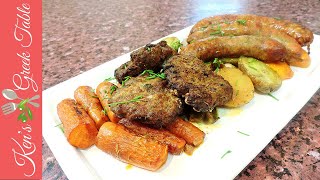 Greek Sausage amp Biftekia Bake with Lemon Potatoes [upl. by Aylsworth]