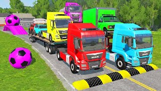 Flatbed Trailer Cars Transportation with Truck  Speedbumps vs Cars vs Train  BeamNGDrive [upl. by Aleel]