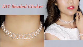 Easy DIY Pearl and Crystal Beading Choker Necklace with Lace Texture  DIY Handmade Jewelry Tutorial [upl. by Netnerb388]