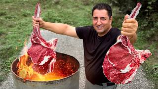 Recipe for Real Tomahawk Steaks on the Fire Making a Homemade Barrel Grill for Outdoor Cooking [upl. by Ainnek]