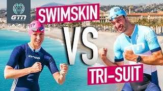 Swimskin Vs TriSuit Is There Really A Difference On Triathlon Race Day [upl. by Yrekcaz]