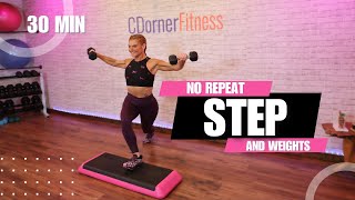 30Minute Step amp Strength NoRepeat Stepper Workout with Weights [upl. by Annaicul]