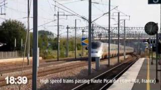 Thalys Eurostar TGV High Speed Trains passing at Haute Picardie 2011 [upl. by Zarah691]