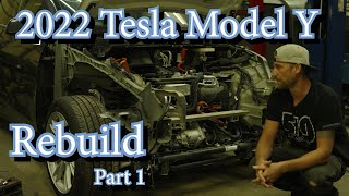 Crashed 2022 Tesla Model Y Rebuild Part 1 [upl. by Dewhurst961]