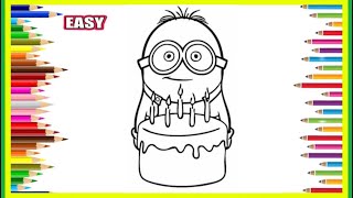 How to draw a minion and a cake for kids  Como desenhar um lacaio e um bolo para crianças 🌈🎨 [upl. by Notlok973]