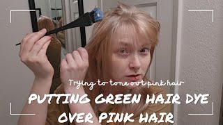 GREEN TONER  USING GREEN HAIR DYE TO TONE OUT PINK HAIR [upl. by Gavriella]