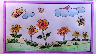 how to draw flower garden with color step by step [upl. by Leticia7]