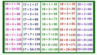 16 17 18 19 aur 20 ka Pahada  Multiplication Table  Learn Table of 16 17 18 19 and 20 [upl. by Jessen]