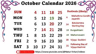 October Calendar 2026 october2026calendar calendaroctober [upl. by Aggappora]