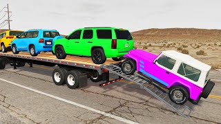 Double Flatbed Trailer Truck vs Speedbumps Train vs Cars  Tractor vs Train BeamngDrive 28 [upl. by Tnomed]