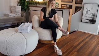 Catie Unboxes White 6 Inch High Heel Mule Platform Shoes With Jewel Encrusted Front Toe Strap [upl. by Anitreb]