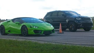 Lamborghini Huracan vs 1000 HP Jeep Trackhawk Drag Race [upl. by Iaht]